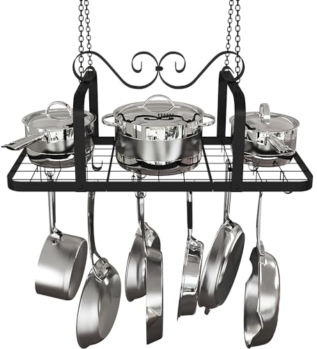 TICKCACY 33” Black Pot Rack Hanging, Metal Pan Rack Hanging with Grid, Heavy Duty Ceiling Pot Rack with 15 Hooks, Pot and Pan Hanging Rack Organizer for Kitchen Cookware Utensils