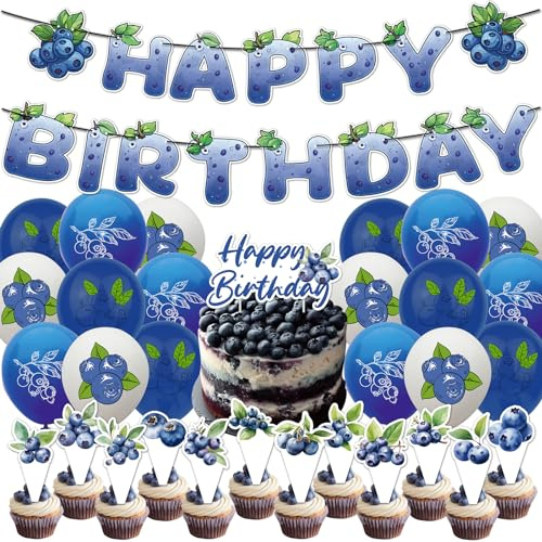 Blaubeere Party Dekorationen Blaubeere Geburtstag Party Zubehör beinhaltet Blaubeere HAPPY BIRTHDAY Banner Ballons Cupcake Toppers Kuchen Topper für Blaubeere Obst Geburtstagsparty Baby Dusche Dekor