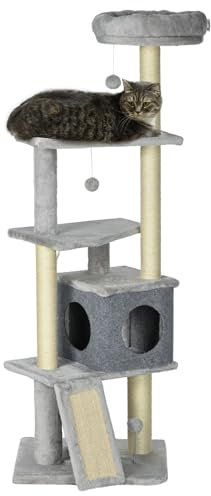 PawHut Arbre à Chat Arbre à Grimper griffoir pour Chat Hauteur 146 cm Centre d'activités avec Niche Rampe Plate-Formes et balles suspendues idéal pour 1-3 Chats Gris