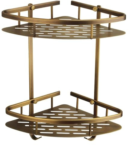 TANIDA Badezimmer-Regal-Organizer, Eck-Duschwand-Caddy, Badezimmer-Aufbewahrungskörbe aus Bronze, 2-stufiges Duschregal, Messing-Schuhhalter, Bad-Organizer mit Haken, Wandmontage, for Einschrauben