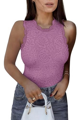 REORIA Womens Sexy Sleeveless High Neck Racer Back Halter Lace Thong Bodysuits Leotard Tank Tops Violet Large