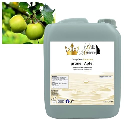 Dufte Momente | Dampfbad Emulsion 5 Liter Grüner Apfel | geprüfte Qualität | mit naturreinen und natürlichen ätherischen Ölen | gebrauchsfertig | vegan und ohne Tierversuche