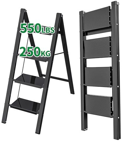 YOUTHCLUB 4 Step Aluminum Ladder, Lightweight Folding Step Stools for Adults with Wide Anti-Slip Pedal, 550 lbs Capacity, sturdy Portable Household and Office Stepladder, Space-Saving, Black