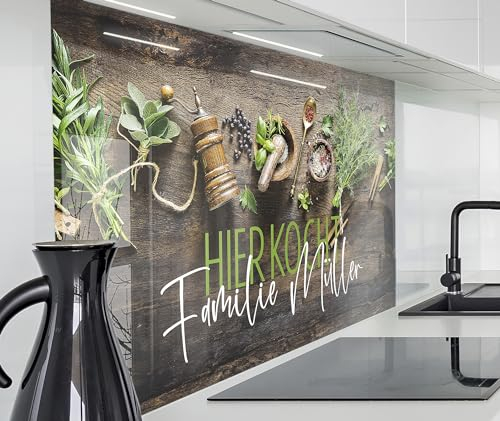 timalo Herd Spritzschutz Wand Spüle, Küche Küchenrückwand Glasoptik | Acryl Glas 2mm | Glasrückwand Acrylglas - personalisiert mit Namen - Rückwandschutz Platte | 100x50cm Kräuter Holzwand