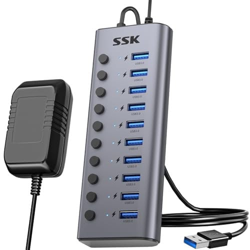 SSK 10 Port 60W USB Hub Aktiv 3.0 mit Netzteil,Aluminium 5Gbps USB 3.0 Hub,Unterstützt gleichzeitiges Laden und Datenübertragung, Powered USB 3.0 Hub mit DC12V5A Adapter 3.93ft Kabel