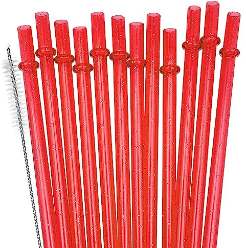SUNDEE Reusable Plastic Straws, Glitter Straws Reusable Drinking Straw Thick BPA-Free Glitter Drinking Straw Accessories, Set of 12 Pcs Colorful Straw with Cleaning Brush - Red
