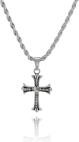 JVillion Glänzendes Iced Out Kreuz-Anhänger Halskette Silber Herren, Streetwear Modeschmuck 3mm Twisted Rope Kette, Edelstahl, 50-60cm, Wasserfest & Nicht-Abfärbend (60)