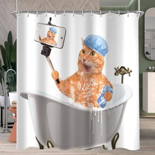 Lerores Duschvorhang 180x200cm Cat Selfies, Beschwerter Saum Antischimme, Wasserabweisend, Waschbar Polyester Badevorhänge mit 12 Ösen und Duschvorhangringen für Badezimmer, Badewanne