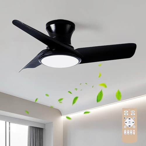 Lrenjon 80CM Ventilador Techo Con Luz Y Mando A Distancia, Regulable LED 6 Velocidades Silencioso Ventilador Techo Dc, Vlampara Ventilador Techo Para Dormitorio Salon Reversible-Black