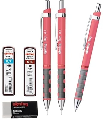 rOtring Tikky Bleistifte und Kugelschreiber, Nachfüllminen 0,7 mm, 0,5 mm, Teerose, Tikky Radiergummi, 28 Stück