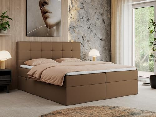 MKS MEBLE Boxspringbett 140x200 mit Bettkasten und Matratze H4, Polsterbett 140x200 mit Bettkasten, Bett 140x200 mit Stauraum und Topper - Centos - Braun Kunstleder