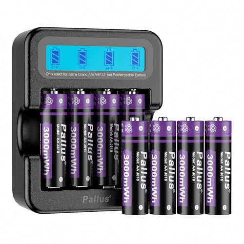 Rechargeable AA Lithium Batteries, High Capacity 3000mWh, Double A 2H Fast-Charging Battery with 4-Slot LCD Charger, 1500+ Cycles for Controller, Mouse, Cameras (8 Pack)