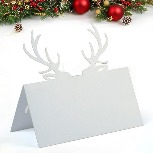 50 Stück Tischkarten für den Tisch, Weihnachts-Namenskarten für den Tisch, Weihnachten, Geweih, Tisch-Namenskarten, weiße Weihnachtstischkarten, Sitzkarten für Hochzeit, Party, Dekoration