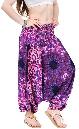 Your Cozy Harem Pants for Women Hippie Boho Clothes Mc Hammer Pants Jumpsuit Casual Loose Beach Sweatpants Comfortable Baggy Boho Yoga Trousers (Purple Feather_XL)