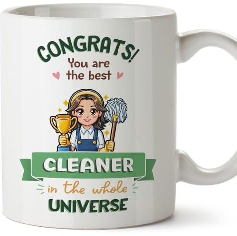 MUGFFINS Cleaner Woman Mug - in English - Best in Universe Trophy - Funny Gift for Colleagues - Ceramic 11oz Mug