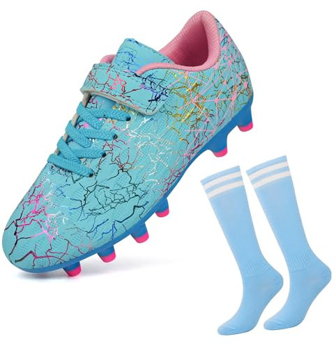 JABASIC Scarpe da Calcio F/G per Bambini e Bambine con Calzettoni da Calcio (34EU,White Pink)