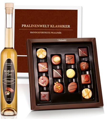 Pralinenbote Genussmanufaktur – Geschenk-Set Kakao & Nuss Likör & Pralinenwelt Klassiker mit 14 handgefertigten Pralinen deutscher Chocolatiers, das edle Genuss Geschenk
