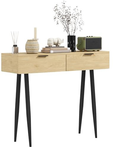 HOMCOM Console Meuble, Table Console entrée Style Nordique, Table d'entrée étroite avec 2 tiroirs et Pieds en Acier, Bout de canapé, pour Salon, Couloir, chêne