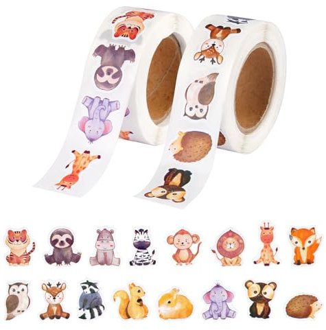 Tiere Sticker Rolle, 1000 Stück Runde Sticker Kinder, Reward Aufkleber Tiere, Self-Adhesive Tiersticker for Scrapbooking DIY Crafts Journal School Home(16 Tier Patterns)