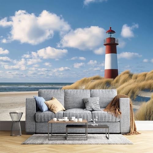 JEDTAKCT Fototapete Strand, Leuchtturm 260X175Cm - Seidetapete - Wandtapete - Himmel Meer Art Fototapete - Wand - Wandbilder Schlafzimmer Wohnzimmer Bildtapete Foto Tapete