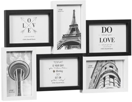 emmevi Cornice Portafoto Multipla Mosaico Legno MDF Porta Foto Parete Bianco Nero 6 Foto Da 10x15 Cm