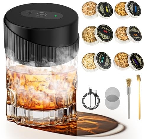 Elektrischer Cocktail Smoker Kit, USB-C wiederaufladbar Whisky Smoker Set, altmodisches Whiskey Räucherset mit 6 Holzchips, Cocktail Zubehör für Whiskey und Bourbon, für Vater, Cocktail-Liebhaber