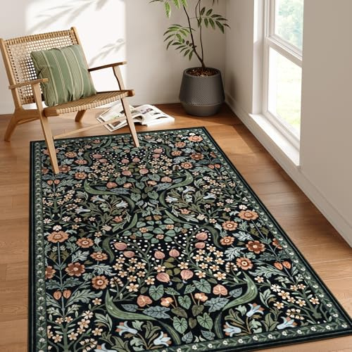 Moynesa Florale Teppiche, waschbar, Boho-Wohnzimmer-Teppich, rutschfest, weich, für Schlafzimmer, botanisch, ultradünn, für Küche, Wohnheim, Badezimmer, Schwarz