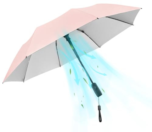 WOOLALA UV Sun & Rain Umbrella with Built-in Cooling Fan, Portable Foldable Design, UPF 50+ Protection, USB Rechargeable for Sports Games, Theme Parks on Hot Days