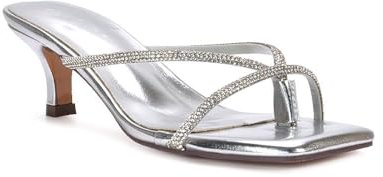 Women's Diamante Sandals Ladies Kitten Low Heel Strappy Toe Post Flip Flop Mule Silver Rhinestore Shoes Size 4