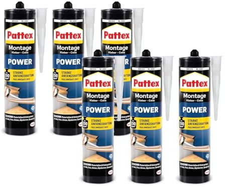 Pattex Montagekleber Power, Kartusche, weiß, 6x 370g | Extra starker Baukleber für Innen- & Außenanwendungen – für dauerhafte Verbindungen