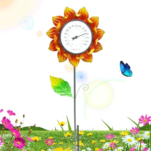 Außenthermometer - Gartenthermometer | Sonnenblume Metall Pfahl Thermometer | Dekoratives Thermometer Für Terrasse Mit Erdspieß | Solar Gartenthermometer Aus Metall Für Rasen, Balkon, Wanddekoration
