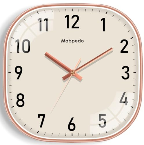 Mabpedo Wanduhren Akku Betrieben, 30cm Stille Wanduhr, Nicht Tickende Quadrat Analoge Dekorative Wanduhren für Schlafzimmer Wohnzimmer Büro Home Gym Veranda Dekor Indoor Outdoor Uhr, Rose Gold