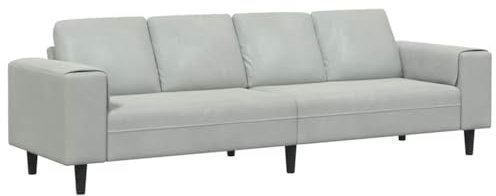Light Grey Velvet Sofa 4 Seater Modern with Adjustable Height and Tapered Legs The back is finished and the surface is smooth Its dimensions are 250 x 77 x 76 cm The frame is