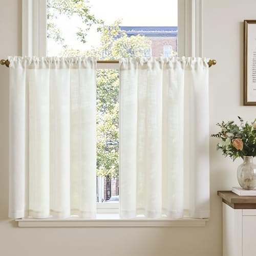 TOPICK Scheibengardine Leinenoptik Bistrogardine 2er Set H90xB90 Cream Weiß | Lichtdurchlässig Küchenvorhänge blickdicht Modern Schrank Kurzgardine Küchfenster landhausstil küchengardinen fenstergardinen