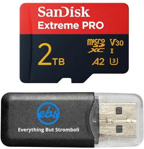 SanDisk Extreme Pro Carte microSD 2 To, compatible avec appareils photo Insta360 | Pour caméras d'action X3, X4, X4 Air et X5 (SDSQXCD-2T00-GN6MA), V30 A2 U3, lot avec (1) lecteur Everything But Stromboli