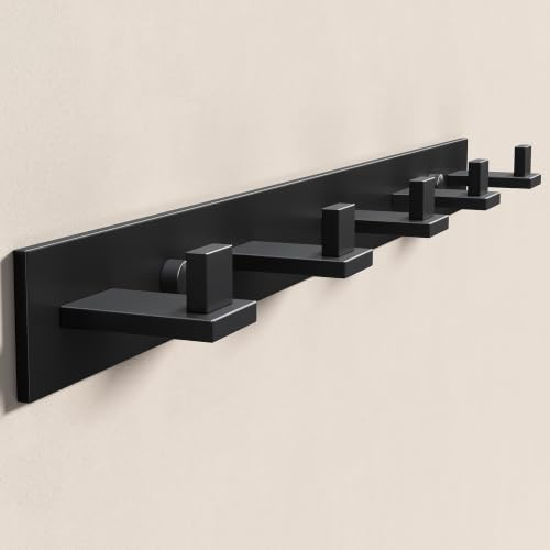 doporro Garderobenleiste aus Edelstahl, 5 Kleiderhaken Matt Schwarz 46 cm | Hakenleiste Garderobe zum Kleben oder Bohren, Garderobenhaken und Wandgarderobe für Bad Küche Flur Schlafzimmer, Stalo-07