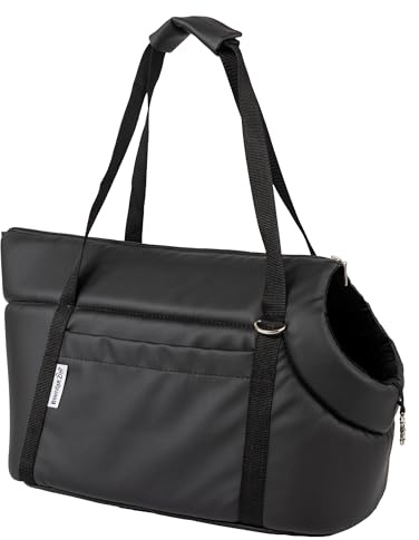 BOUTIQUE ZOO Hundetragetasche S bis 6 kg – Transporttasche für kleine Hunde & Katzen – weich, faltbar & waschbar – 34×22×26 cm – Schwarz/Kunstleder