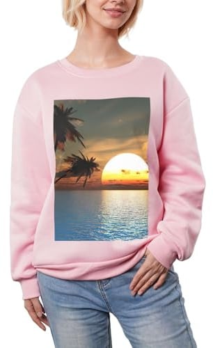 JEJEA Haut décontracté chaud avec imprimé lever de soleil sur la plage, pour l'hiver, pull à manches longues surdimensionné pour femme, sweat-shirt tendance, rose, M