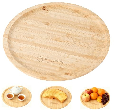 Family Bandejas de Servir de Bambú Natural, Tamaños 19.5cm, Redonda, Bandejas Resistentes para Cocina, Aperitivos, Desayuno, Restaurante y Decoración del Hogar