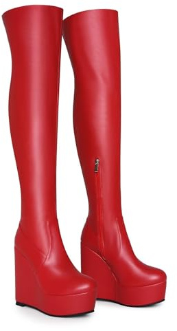 Frankie Hsu Sexy Zeppa Piattaforma Handmade Tacco Alto Sopra Il Ginocchio Stivali Lunghi, Rosso Coscia Grande Formato US5-19 Scarpe Per Donne Uomini, Rosso, 39 EU
