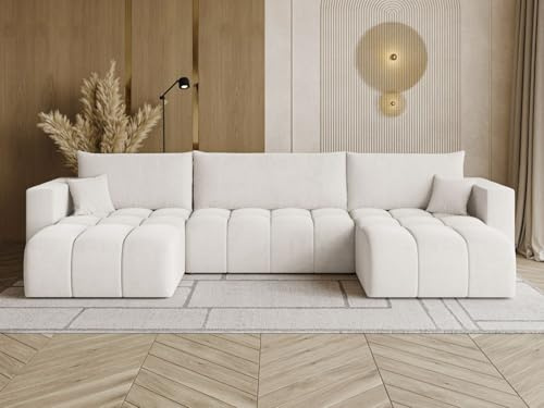 GRAINGOLD Neva U Ecksofa mit Schlaffunktion & Bettkasten 370x170 cm, U-Form Sofa mit Stauraum, Schlafcouch für Wohnzimmer, Velvet-Stoff, 5-Sitzer Wohnlandschaft, Modernes Design (Hellbeige)