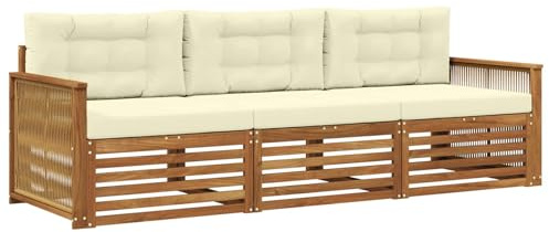 vidaXL Outdoor-Sofagarnitur mit Kissen 3 pcs Natur und Creme, Outdoor Lounge, Moderne Ecksofa, Gartenmöbel, Terrassen-Sitze, Komfortables Set für Wohnräume