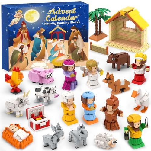 Krippen Adventskalender 2026 Kinder – 24 Tage Weihnachts Countdown Blöcke | Krippenbausteine – Krippenszene der Heiligen Familie bauen – Christliches Geschenk – Familienaktivität