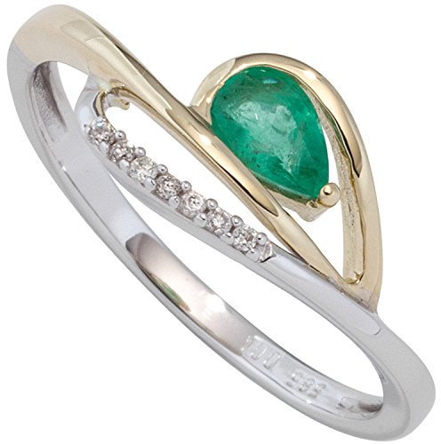 Jobo Damen-Ring aus 14 Karat 585 Gold Bicolor mit 7 Diamanten und Smaragd Tropfen Größe 52