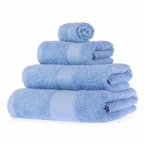 HOMESCAPES Light Blue Turkish Cotton 4 Piece Towel Set Soft & Absorbent 500 GSM Heavyweight Face Cloth, Hand Towel, Bath Towel & Bath Sheet Towel Bale