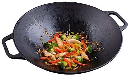 VICTORIA Wok en Fonte Naturelle Induction 35,5cm, Convient pour le Feu, le Barbecue, le Four, la Plaque Vitrocéramique, le Gaz, Cast Iron Skillet Cured sans Toxicité, sans PTFE ni PFOA