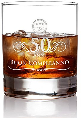 AMAVEL Tumbler da Whisky in Vetro con Incisione - 50 Anni - Buon Compleanno - Bicchieri Cocktail Personalizzati - Degustazione - Accessori Decorativi Casa - Idee Regalo Originali - Capacità: ca 320 ml