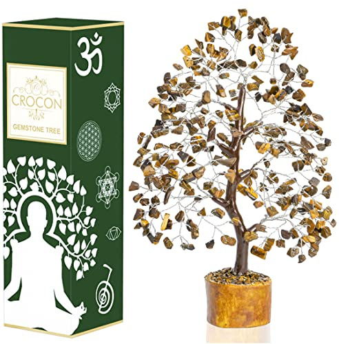 Crocon® Tiger Eye Chakra Tree of Life - Crystal Tree for Positive Energy, Feng Shui Decor - Gemstone Money Bonsai Tree, Good Luck Healing Crystals - Meditation Stones, Healing Crystals Spiritual Gift | Handcrafted Tiger Eye gemstone tree for elegant home and office décor, thoughtful birthday gift, housewarming present