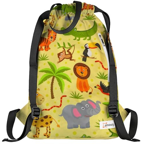 Aminata kids Kinder Turnbeutel Mädchen und Jungen Zoo-Tiere hochwertiger großer Sportbeutel Tier-Motiv Dschungel Kita Kindergarten Schule Sport