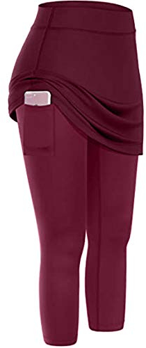 Lazzboy Leggings Damen High Waist Frauen Tennis Rock Taschen Elastic Sports Yoga Capris Röcke Legging Mit Knöchellange Engen Bescheiden Lauf Skort Hockey Hose 2 In 1 (Wein,XL)